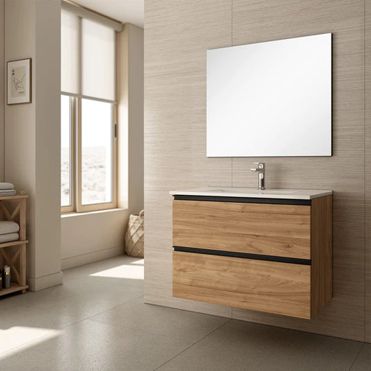 Lille 800mm Wall Hung Basin Units with Matt Black Handles - Walnut