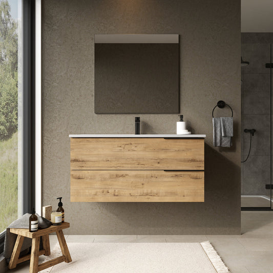 Marseille 1000mm Wall Hung Basin Units with Matt Black Handles - Ostippo Oak
