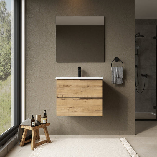 Marseille 600mm Wall Hung Basin Units with Matt Black Handles - Ostippo Oak