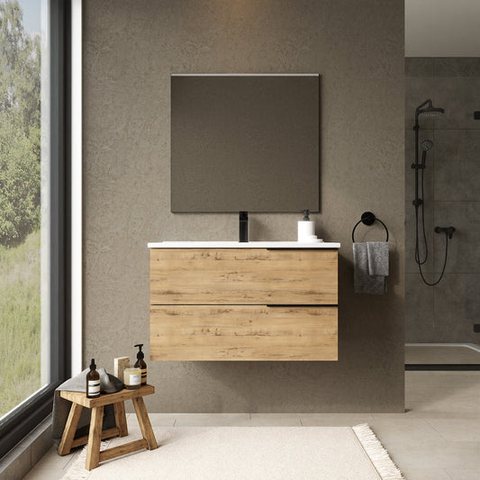 Marseille 800mm Wall Hung Basin Units with Matt Black Handles - Ostippo Oak
