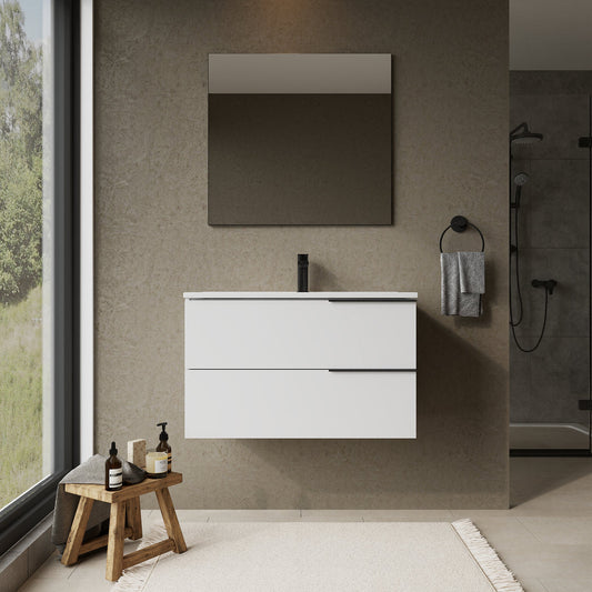 Marseille 800mm Wall Hung Basin Units with Matt Black Handles - Gloss White