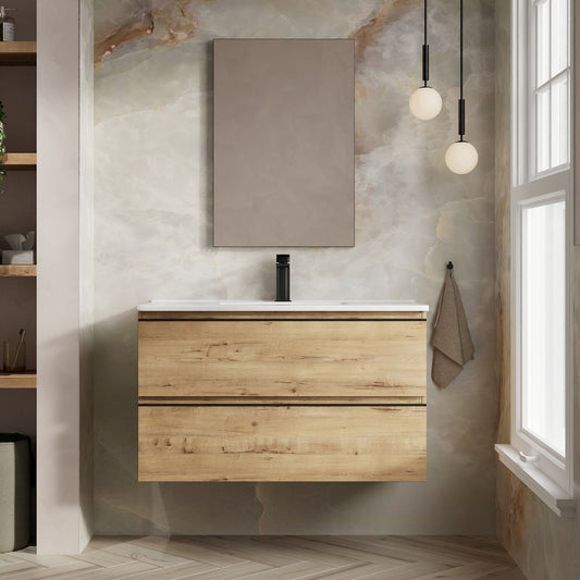 Rome1000mm Wall Hung Basin Units with Matt Black Handles - Ostippo Oak