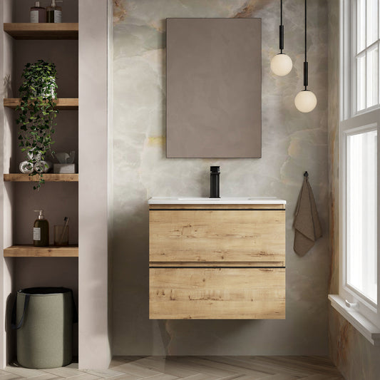 Rome 700mm Wall Hung Basin Units with Matt Black Handles - Ostippo Oak