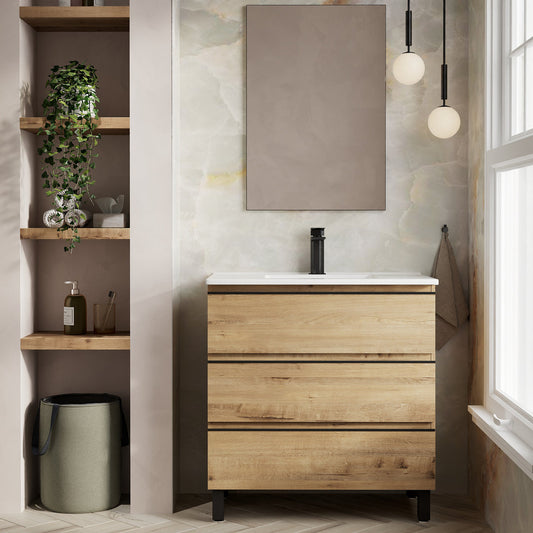 Rome 800mm Floorstanding Basin Unit with Matt Black Handles - Ostippo Oak