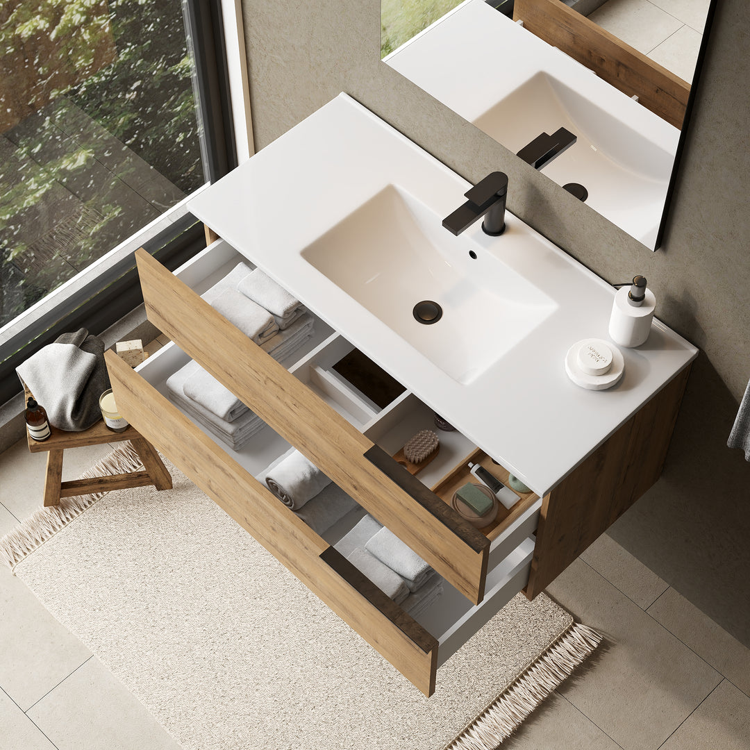 Marseille 1000mm Wall Hung Basin Units with Matt Black Handles - Ostippo Oak