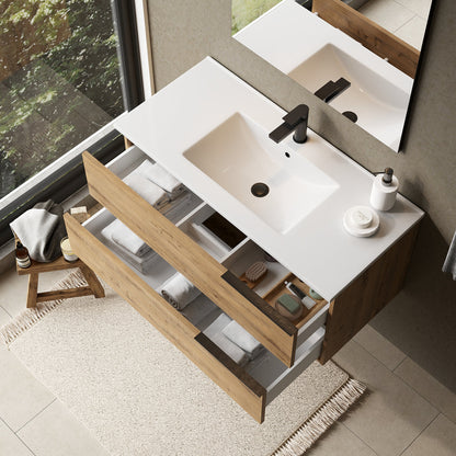Marseille 1000mm Wall Hung Basin Units with Matt Black Handles - Ostippo Oak
