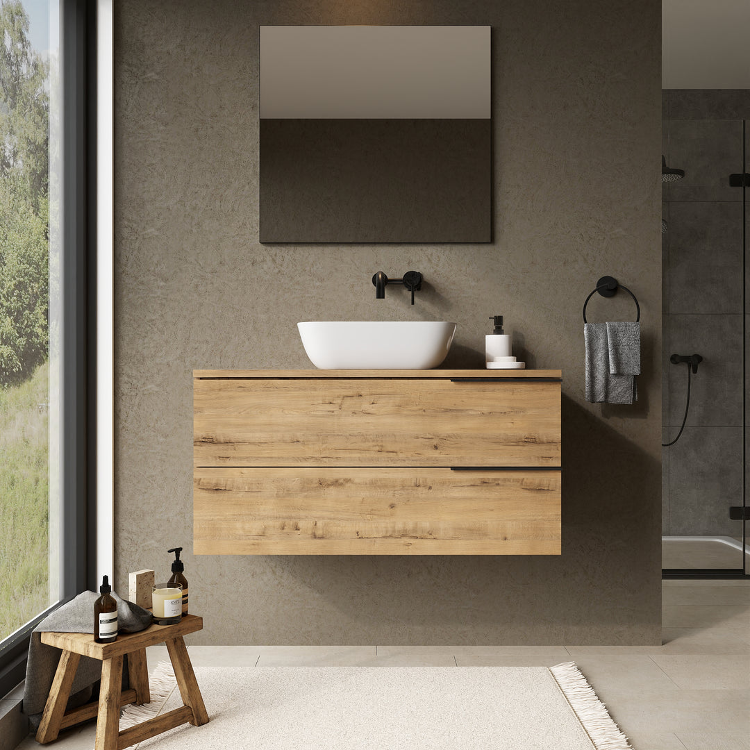 Marseille 1000mm Wall Hung Basin Units with Matt Black Handles - Ostippo Oak