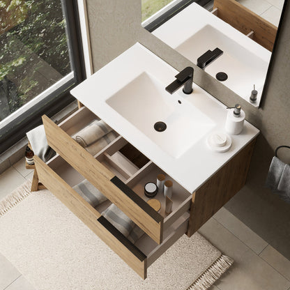 Marseille 800mm Wall Hung Basin Units with Matt Black Handles - Ostippo Oak