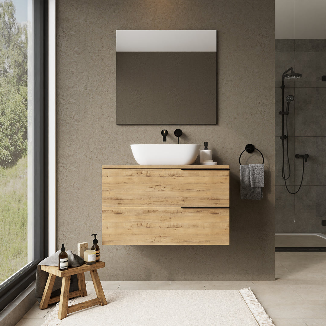 Marseille 800mm Wall Hung Basin Units with Matt Black Handles - Ostippo Oak