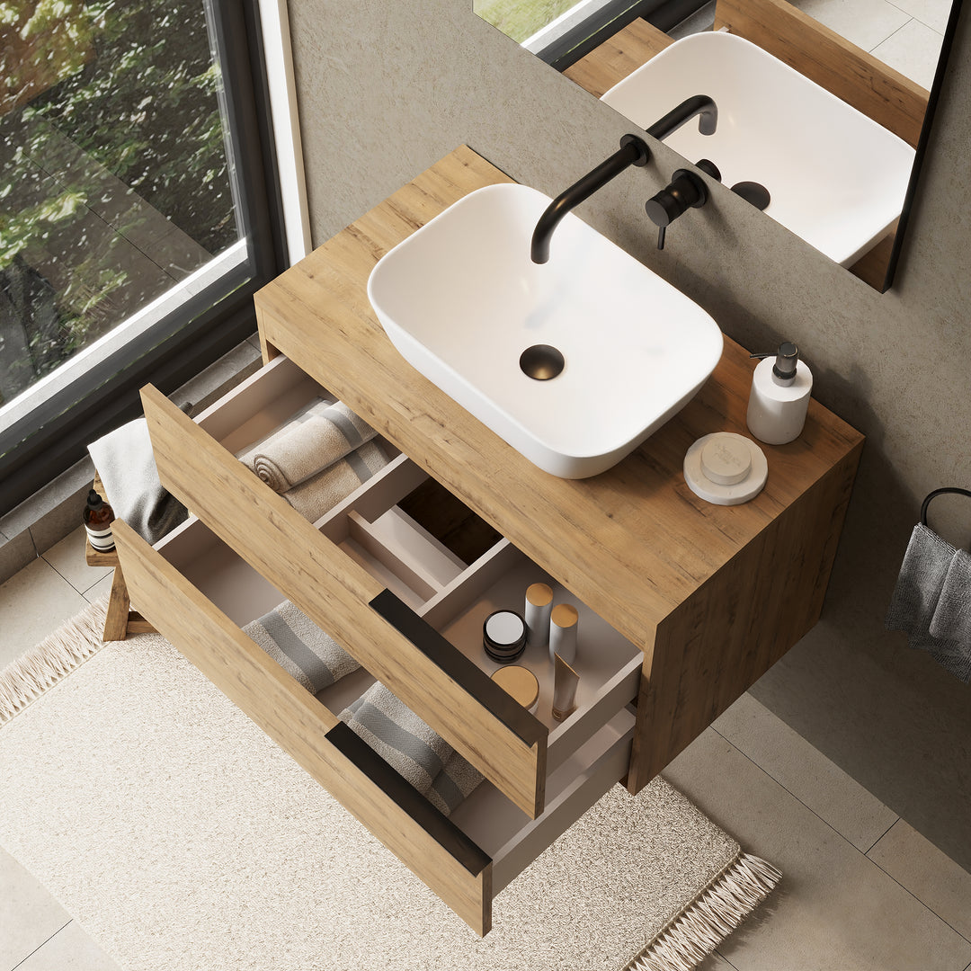 Marseille 800mm Wall Hung Basin Units with Matt Black Handles - Ostippo Oak