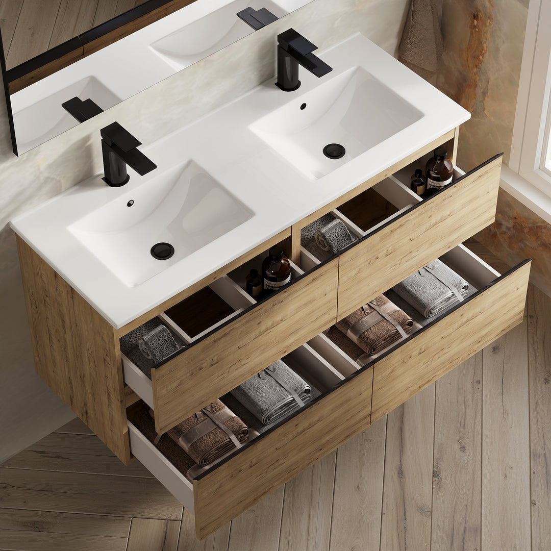 Rome1200mm Wall Hung Basin Units with Matt Black Handles - Ostippo Oak