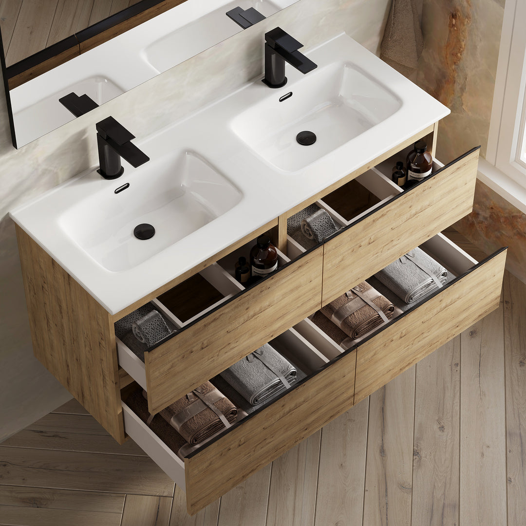 Rome1200mm Wall Hung Basin Units with Matt Black Handles - Ostippo Oak