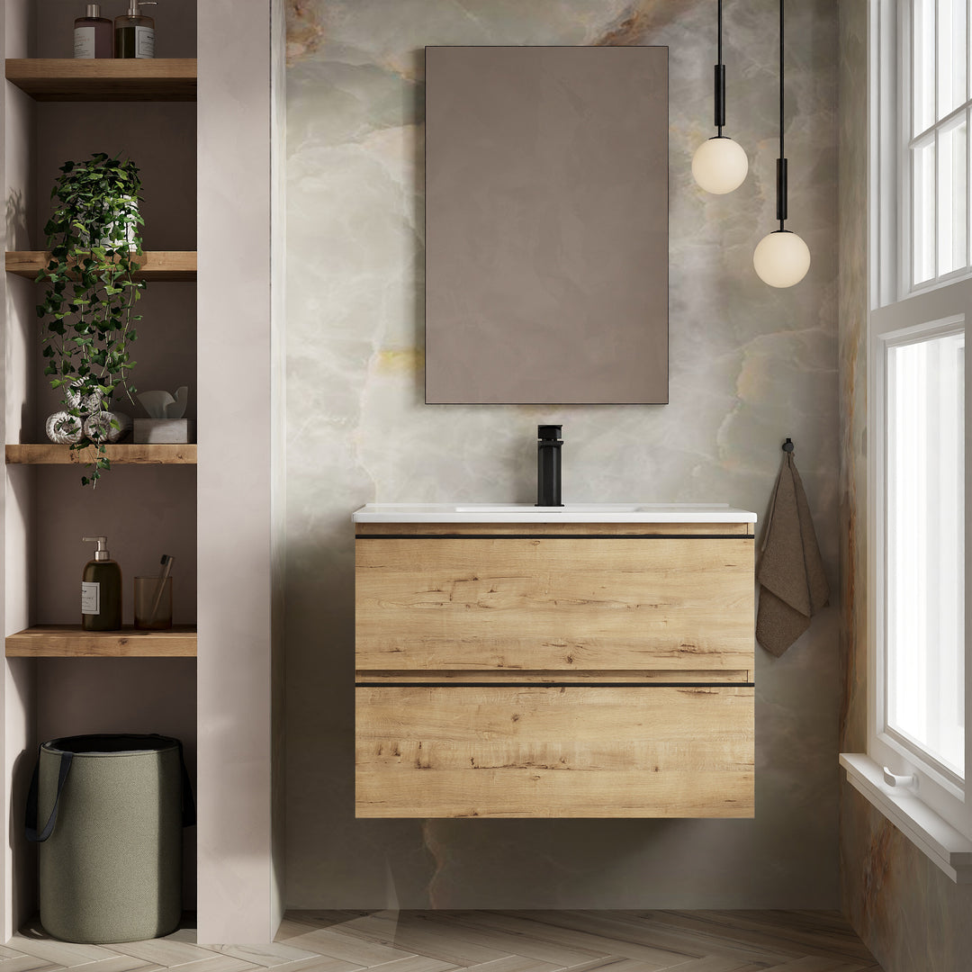 Rome 800mm Wall Hung Basin Units with Matt Black Handles - Ostippo Oak