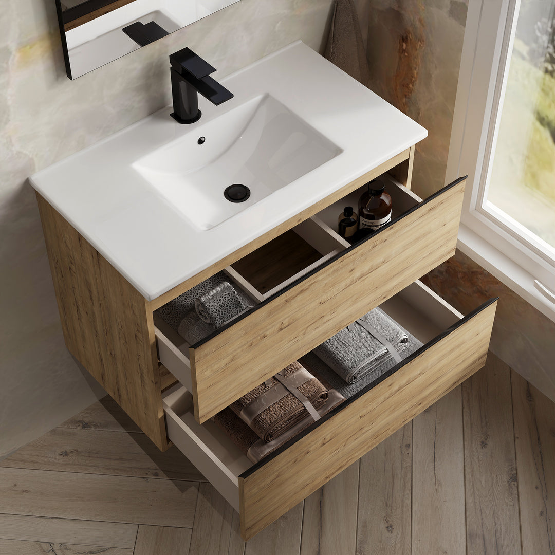 Rome 800mm Wall Hung Basin Units with Matt Black Handles - Ostippo Oak