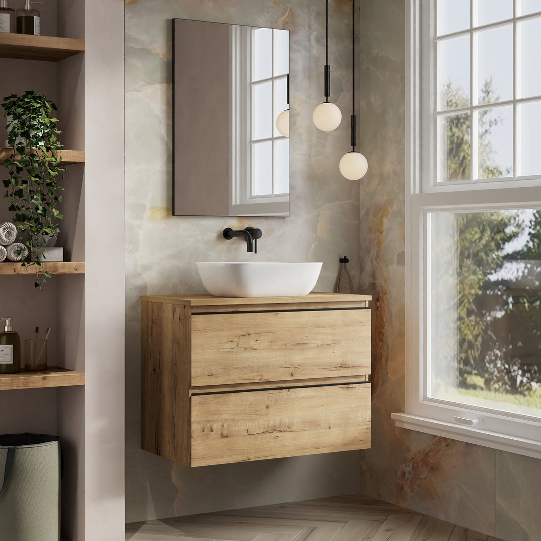 Rome 800mm Wall Hung Basin Units with Matt Black Handles - Ostippo Oak